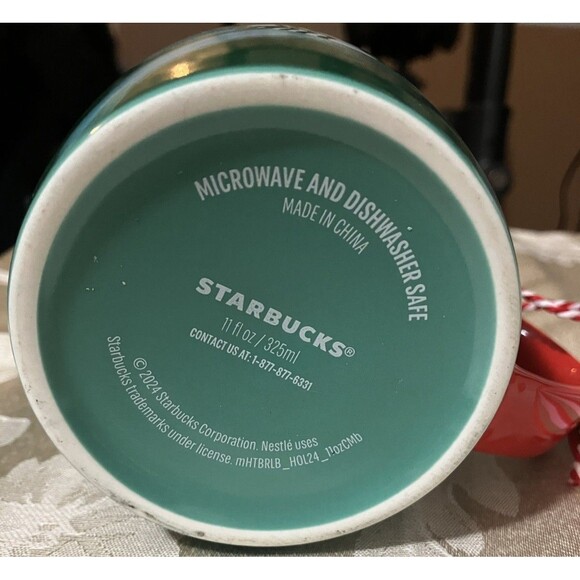 Starbucks Christmas Green Marbled Coffee Mug 12 Oz Red Handle Holiday Season - Picture 2 of 7